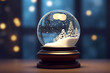 Christmas Snow globe Snowflake with Snowfall on Christmas present with blurred lights background
