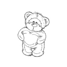 Cute hand drawn monochrome standing teddy bear holding big heart sketch style