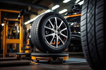 Wall Mural - male tire changer Check the condition of new tires in stock for replacement at a service center or auto repair shop. Tire warehouse for the automobile industry