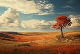 Fototapeta Natura - Autumn idyllic landscape during the day. Lonely tree in the valley.  