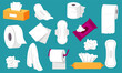 © Tartila - Paper tissue collection. Paper roll with tissues wet and dry, clean napkins box, everyday hygiene products cartoon flat style. Vector isolated set