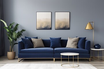 Wall Mural -  An elegant navy blue sofa in the middle of a bright 