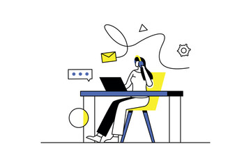 Poster - Call center concept with people scene in the flat cartoon design. The girl responds to customer requests. Vector illustration.