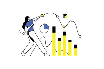 Aufkleber - Data analysis concept with people scene in the flat cartoon design. The specialist tries to organize the data into charts. Vector illustration.