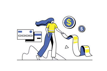 Aufkleber - Electronic receipt concept with people scene in the flat cartoon design. A girl pays an electronic check through online banking. Vector illustration.