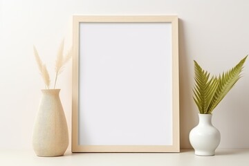 Aufkleber - Blank picture frame mockup on wall in modern interior. Artwork template mock up in interior design with trendy vase, digital ai.