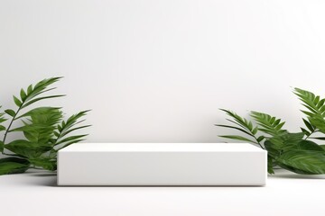 Poster - White wooden pedestal on a white background with leaves. Product presentation, mockup. Generative AI