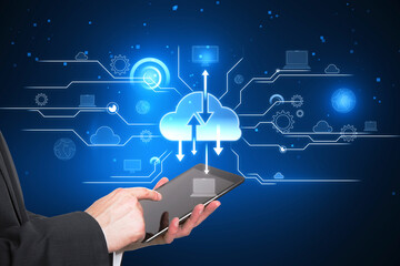 Poster - Mobile cloud service and data storage concept with businessman hands using digital tablet on dark background with cloud symbol and arrows
