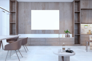 Aufkleber - Modern kitchen interior with wooden furniture and empty white mock up banner. 3D Rendering.