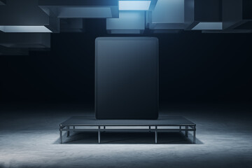 Aufkleber - Modern grunge interior with empty mock up tablet on pedestal pedestal. 3D Rendering.