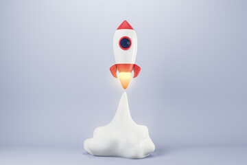 Poster - Startup and promotion concept with launched rocket on light background. 3D Rendering