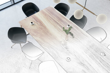 Poster - Sketching of luxury meeting room interior. 3D Rendering