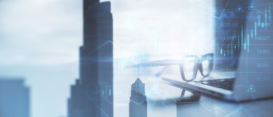 Aufkleber - Wide image of office workspace with device and forex chart on creative blurry city background. Landing page background, trade, success and finance concept. Double exposure.