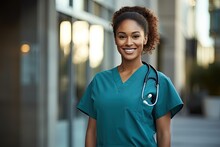 Portrait Of A Young Nursing Student Standing With Her Team In Hospital, Dressed In Scrubs, Doctor Intern . Medical Concept.