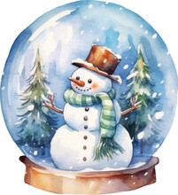 Snowman In The Snowglobe Watercolor Vector Illustration