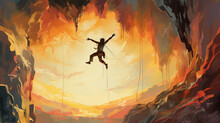 Surreal Depiction Of A Climber Reaching For The Next Hold, Vibrant Colors, High Contrast, Visible Rope And Gear, Abstract Graffiti Art Style, In Mid - Air, On A Massive Cliff, Bathed In The Golden Hou