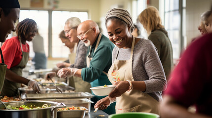 a diverse group of volunteers, preparing meals in a bright, cheerful community kitchen, hands passin