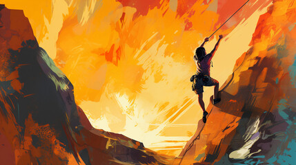 Surreal depiction of a climber reaching for the next hold, vibrant colors, high contrast, visible rope and gear, abstract graffiti art style, in mid - air, on a massive cliff, bathed in the golden hou