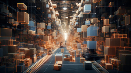 a warehouse filled with goods, packages, and robots, digitally manipulated to appear like a complex, geometric fractal pattern, representing the complexity of e - commerce logistics