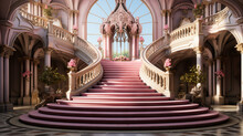 A Pink Royal Palace With Stairs. Generative Ai