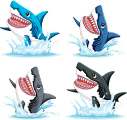 Wall Mural - A cartoon illustration of a great white shark with big teeth, smiling and leaping out of the water