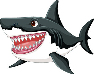 Wall Mural - A cartoon illustration of a great white shark with big teeth, swimming and smiling isolated on a white background