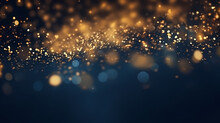An Abstract Background Featuring Dark Blue And Golden Particles. Christmas Golden Light Shines, Creating A Bokeh Effect On The Navy Blue Background. Gold Foil Texture Is Also Present. 
Generative AI