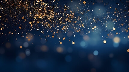 An abstract background featuring dark blue and golden particles. Christmas golden light shines, creating a bokeh effect on the navy blue background. Gold foil texture is also present. 
Generative AI