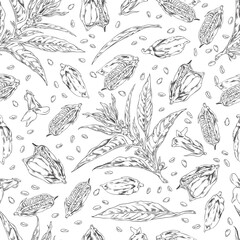 Wall Mural - Sesame seeds with leaves and flowers, seamless pattern in sketch style, vector illustration.
