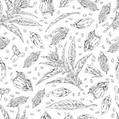 Canvas Print - Sesame seeds with leaves and flowers, seamless pattern in sketch style, vector illustration.