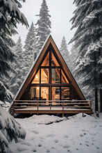 Modern A-frame House Cabin In Middle Of A Forest In Winter Season With House Covered In Snow