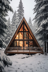 Modern A-frame house cabin in middle of a forest in winter season with house covered in snow