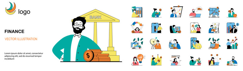 Fototapete - Finance concept with character situations mega set. Bundle of scenes people using online banking and bank services, making transactions, financial management. Vector illustrations in flat web design