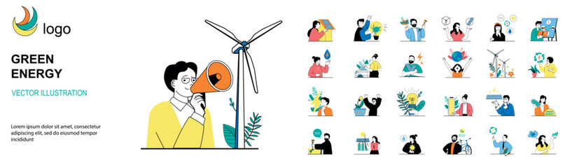 Aufkleber - Green energy concept with character situations mega set. Bundle of scenes people using alternative clean energy resources with wind turbines or solar panels. Vector illustrations in flat web design