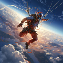 Skydiver Free Fall Parachute Man. Skydiving Free Fall Man. Space Games Background Sunset Generative AI Technology,