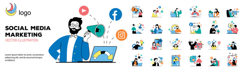 Social media marketing concept with character situations mega set. Bundle of scenes people analyzing trends, creating promotion strategy and advertising online. Vector illustrations in flat web design