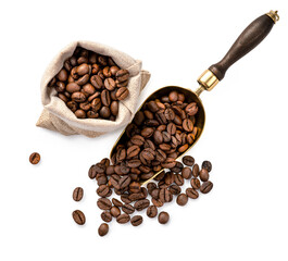Wall Mural - Scoop of coffee beans and a bag with coffee beans isolated. Coffee in scoop. Top view of coffee.
