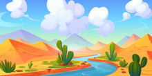 Desert River Landscape With Sandy Dunes And Cacti On Banks. Vector Cartoon Illustration Of Natural Background With Exotic Vegetation, Silhouettes Of Egyptian Pyramids On Horizon, Clouds In Sunny Sky