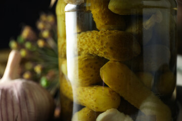 Wall Mural - Tasty canned food concept, canned cucumbers, food for winter