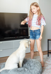 little girl playing with a golden retriever puppy at home.