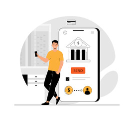 Wall Mural - Mobile banking concept. Man makes online payment and doing transaction in phone bank application. Illustration with people scene in flat design for website and mobile development.
