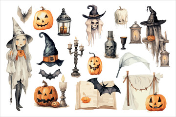 Vintage Halloween illustration with pumpkins, witches, bats and decor elements