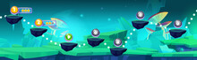 Arcade Game Progress Map On Fantasy Forest Background. Vector Cartoon Illustration Of Floating Stone Platforms With Golden Stars And Lock Icons, Giant Mushrooms On Green Land, Stars In Night Sky