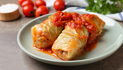 Wall Mural - Delicious stuffed cabbage rolls cooked with homemade tomato sauce on table, closeup