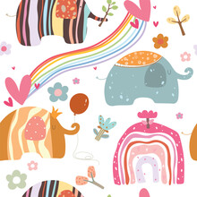 Seamless Pattern With Cartoon Elephants, Rainbow, Hearts, Flowers On White Background. Vector Illustration.