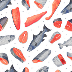 Sticker - Fresh Fish Seamless Pattern Design with Flesh and Fillet Vector Template