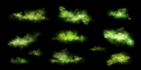 Toxic cloud with green poison stink smoke fog effect set. Bad fart smell realistic vector floating mist. 3d halloween vapor gases illustration isolated on black background. Potion abstract spray