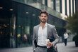 © tiena - Handsome man going to work with a glass of coffee. AI generated