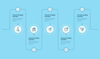 Poster - Horizontal circular process template with five steps - blue version. Simple flat diagram for project data visualization.