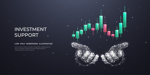 Leinwandbilder - Digital abstract human hands holding Japanese candlesticks. Red and green. The conception of investment support or financial literacy help. Low polygonal vector illustration on dark gray background.